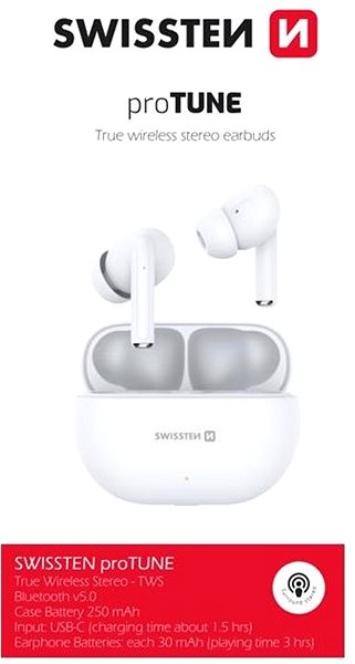Bezdrôtové slúchadlá Swissten Pro Tune TWS Bluetooth biela ...
