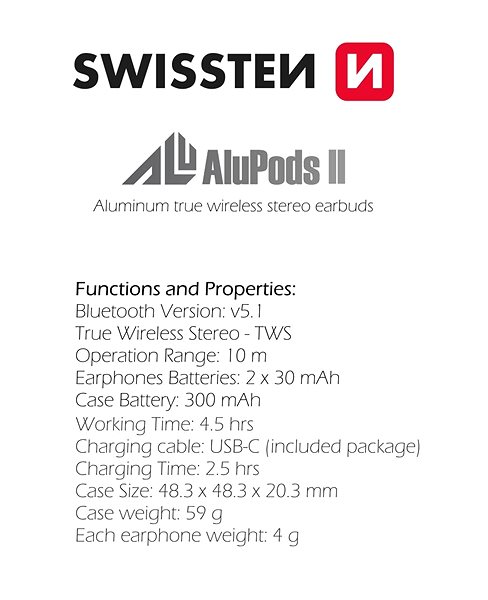 Bezdrôtové slúchadlá Swissten Bluetooth TWS slúchadlá Alupods II ...