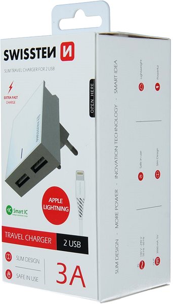 Wall Charger Swissten Mains Charger Lightning SMART IC 2xUSB 3A White Packaging/box