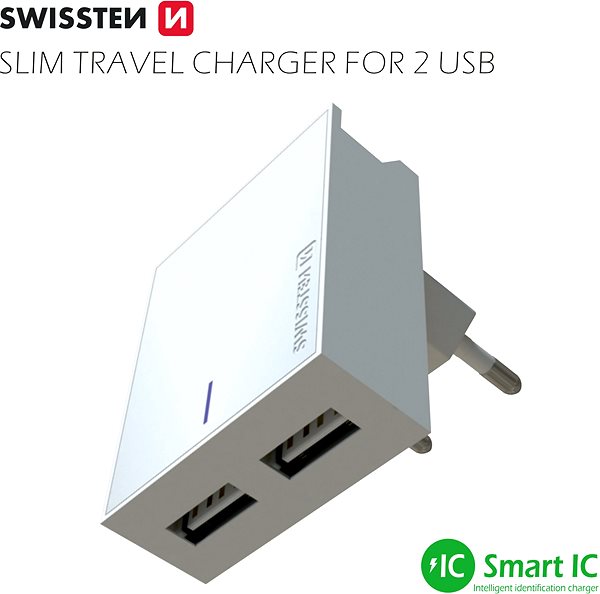 AC Adapter Swissten Mains Charger Lightning SMART IC 2xUSB 3A White Lateral view