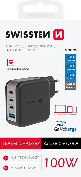 Wall Charger Swissten power adapter GaN 3x USB-C 100W PD + 1x USB-A 18W QC black ...