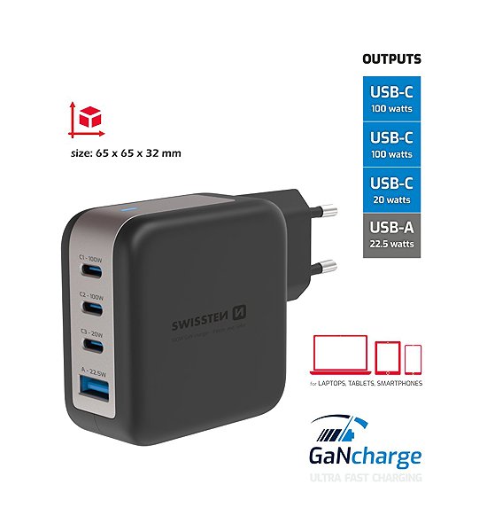 Wall Charger Swissten power adapter GaN 3x USB-C 100W PD + 1x USB-A 18W QC black ...