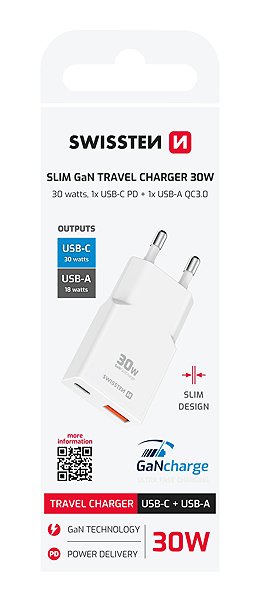 Wall Charger Swissten GaN USB-C + USB-A Power Adapter 30W White ...