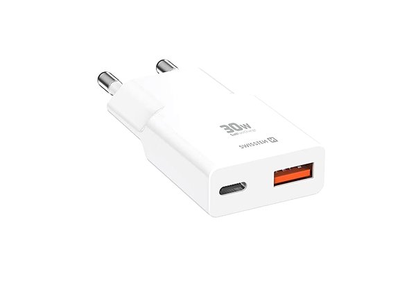 Wall Charger Swissten GaN USB-C + USB-A Power Adapter 30W White ...