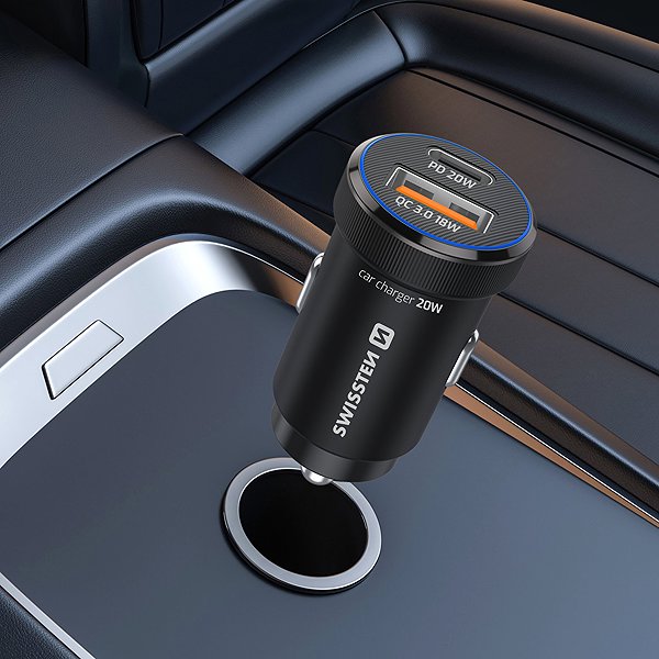 Car Charger Swissten CL Adapter, USB-C PD + USB-A 20 W black ...