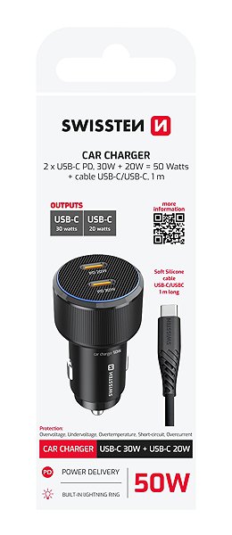 Car Charger Swissten CL Adapter 2x USB-C PD 50W black + USB-C/USB-C cable 1 m ...