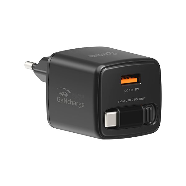 Wall Charger Swissten SlideCharge GaN 30W, Black ...