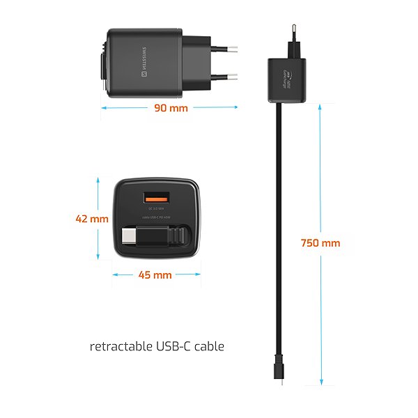 Wall Charger Swissten SlideCharge GaN 45W, Black ...