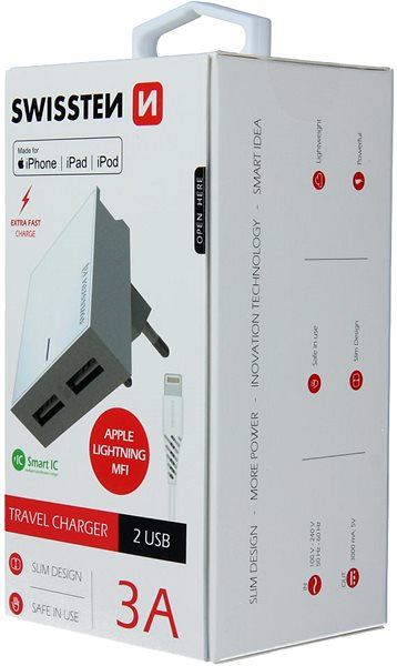Nabíjačka do siete Swissten sieťová nabíjačka lightning MFi SMART IC 2× USB 3A biela Obal/škatuľka