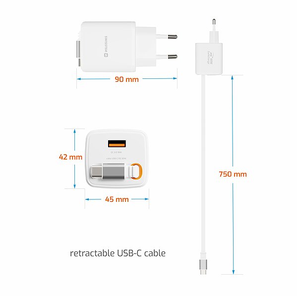 Wall Charger Swissten SlideCharge GaN 30W, White ...