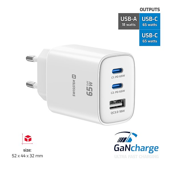 Wall Charger Swissten Edge GaN 2x USB-C PD 65W + 1x USB-A 18W QC White ...