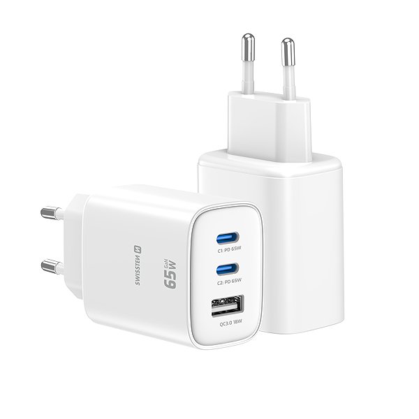 Wall Charger Swissten Edge GaN 2x USB-C PD 65W + 1x USB-A 18W QC White ...