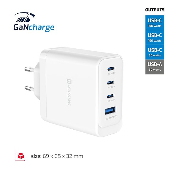 Wall Charger Swissten GaN 2x USB-C PD 100W +1x USB-C PD 20W + 1x USB-A QC 30W QC White ...