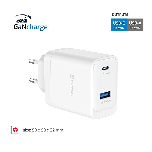 Wall Charger Swissten GaN 1x USB-C 45W PD + 1x USB-A 18W QC White ...