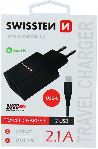 Netzladegerät Swissten Netzwerkadapter SMART IC 2.1A + Kabel USB-C 1,2m schwarz Verpackung/Box