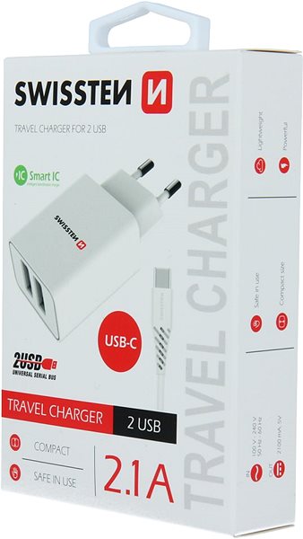 Hálózati adapter Swissten hálózati adapter SMART IC 2.1A + USB-C kábel 1,2 m fehér Csomagolás/doboz