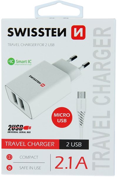 Nabíječka do sítě Swissten síťový adaptér SMART IC 2.1A + kabel micro USB 1.2m bílý Obal/krabička