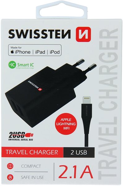 Nabíječka do sítě Swissten síťový adaptér SMART IC 2.1A + kabel lightning MFi 1.2m černý Obal/krabička