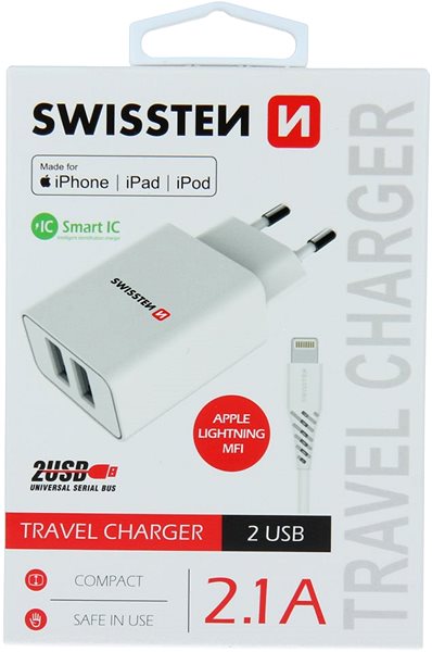 Nabíječka do sítě Swissten síťový adaptér SMART IC 2.1A + kabel lightning MFi 1.2m bílý Obal/krabička