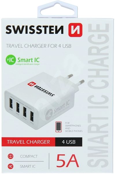 Nabíjačka do siete Swissten sieťový adaptér SMART IC 4× USB 5 A Obal/škatuľka