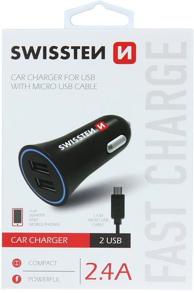Car Charger Swissten Adapter 2.4A + micro USB Cable 1.5m Lateral view