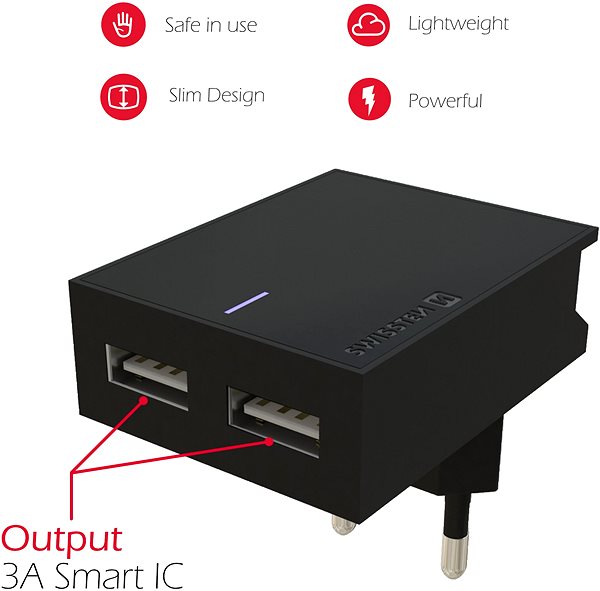 Nabíjačka do siete Swissten sieťový adaptér SMART IC 2× USB 3A čierny Vlastnosti/technológia