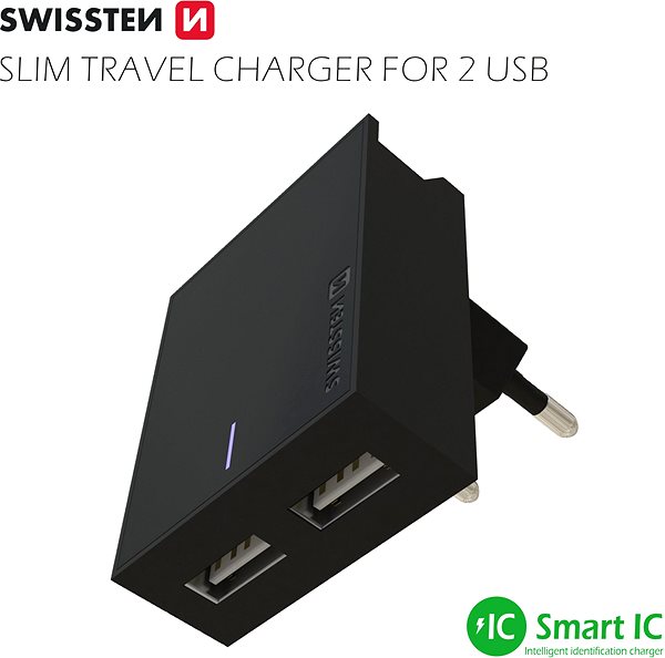 Nabíjačka do siete Swissten sieťový adaptér SMART IC 2× USB 3A čierny Bočný pohľad
