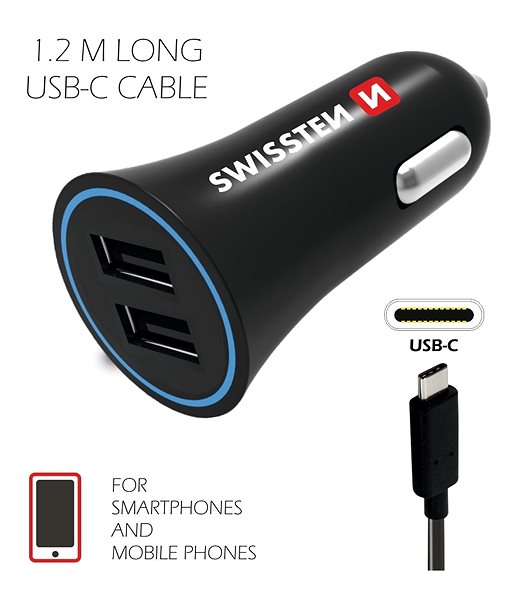 Autós töltő Swissten adapter 2,4 A + 1,2 m-es USB-C kábel Jellemzők/technológia