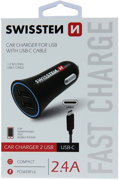Autós töltő Swissten adapter 2,4 A + 1,2 m-es USB-C kábel Csomagolás/doboz