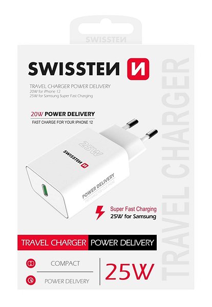 AC Adapter Swissten Power Adapter PD 25W for iPhone and Samsung White Packaging/box