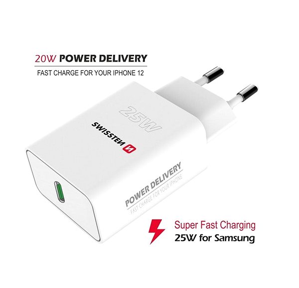AC Adapter Swissten Power Adapter PD 25W for iPhone and Samsung White Energy label
