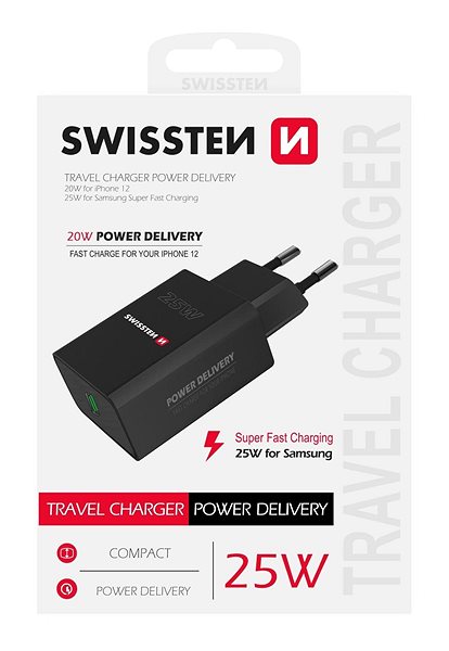 AC Adapter Swissten Power Adapter PD 25W for iPhone and Samsung Black Packaging/box