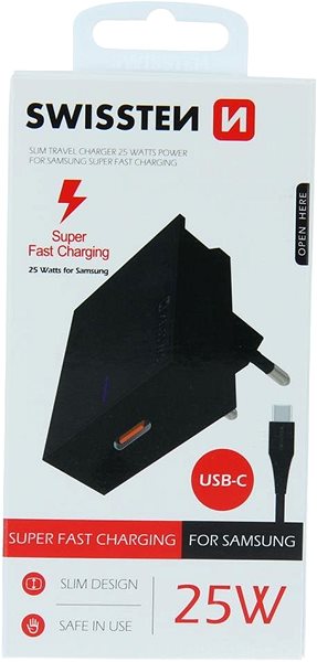 Töltő adapter Swissten Samsung Super Fast Charging 25W töltőfej + 1,2m USB-C to USB-C kábel - fekete Csomagolás/doboz
