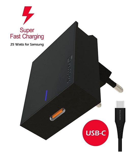 Nabíječka do sítě Swissten síťový adaptér pro Samsung Super Fast Charging 25W + datový kabel USB-C/USB-C 1,2 m černý Boční pohled