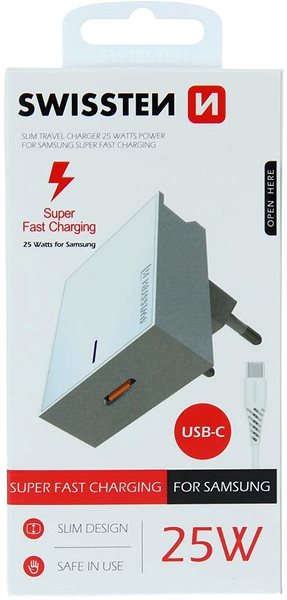 Töltő adapter Swissten Samsung Super Fast Charging 25W töltőfej + 1,2m USB-C to USB-C kábel - fehér Csomagolás/doboz