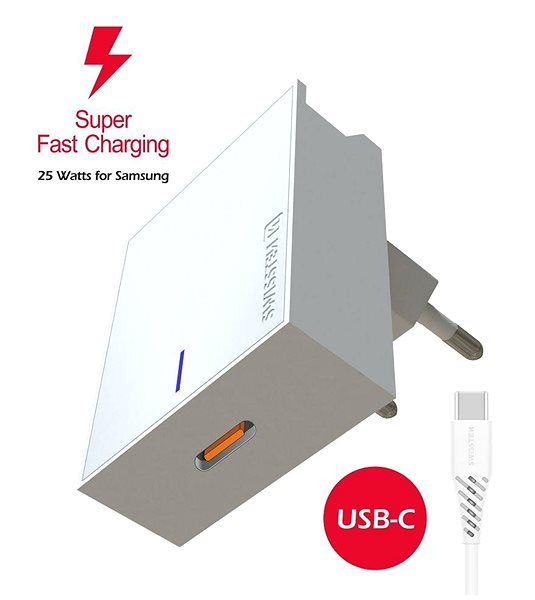Nabíjačka do siete Swissten sieťový adaptér pre Samsung Super Fast Charging 25W + dátový kábel USB-C/USB-C 1,2 m biely Bočný pohľad