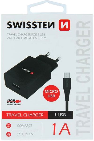 Nabíjačka do siete Swissten sieťový adaptér Smart IC 1× USB 1A power + dátový kábel USB/microUSB 1,2 m čierny ...
