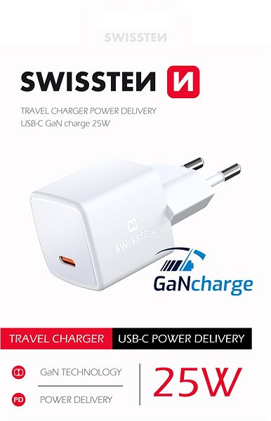 Töltő adapter Swissten Mini hálózati adapter GaN USB-C 25W-os tápellátás ...