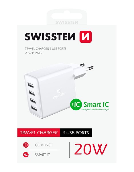 Hálózati adapter Swissten hálózati adapter 4x USB 4A 20W, fehér ...