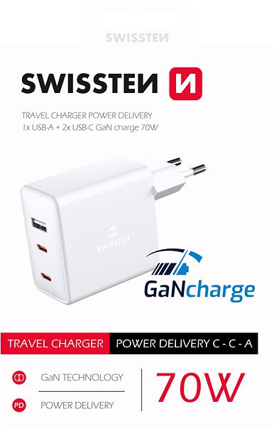 Nabíjačka do siete Swissten sieťový adaptér GaN 2× USB-C + 1× USB 70 W ...