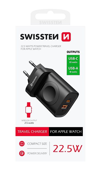 Netzladegerät Swissten Netzwerkadapter 1xUSB-A, 1xUSB-C und Apple Watch ...