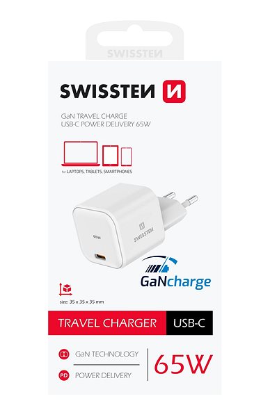 Nabíjačka do siete Swissten sieťový adaptér GaN 1× USB-C 65 W Power Delivery biely ...