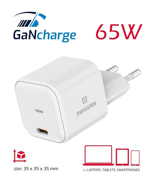 Nabíjačka do siete Swissten sieťový adaptér GaN 1× USB-C 65 W Power Delivery biely ...