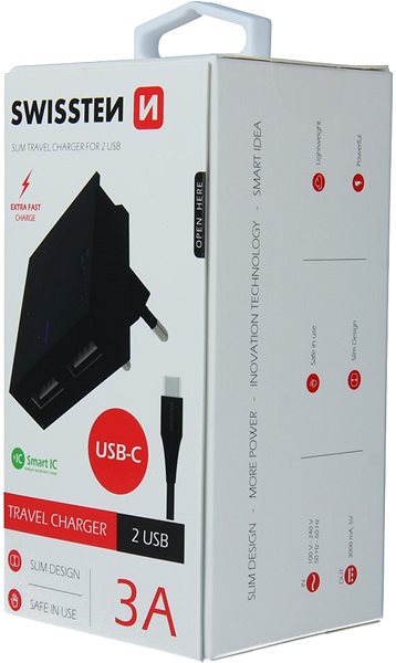 Nabíjačka do siete Swissten sieťová nabíjačka USB-C SMART IC 2× USB 3A čierna ...