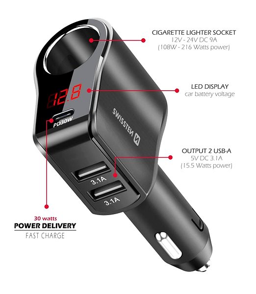 Car Charger Swissten CL adapter with 1x CL, 1x UCB-C PD and 2x USB-A output, 108W - 216W ...