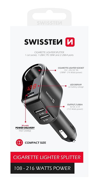 Car Charger Swissten CL adapter with 1x CL, 1x UCB-C PD and 2x USB-A output, 108W - 216W ...