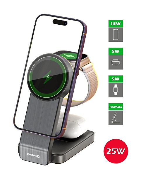 Ladeständer Swissten faltbares MagStick wireless Ladegerät 3 in 1 25 W schwarz (MagSafe kompatibel) ...