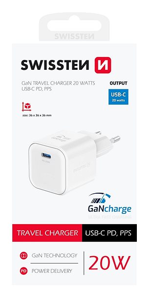 AC Adapter Swissten Power Adapter GaN 1x USB-C 20W Power Delivery White ...