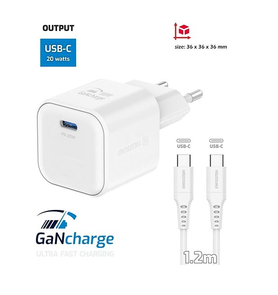 AC Adapter Swissten GaN 1x USB-C 20W Power Delivery + USB-C/USB-C Data Cable 1.2m white ...