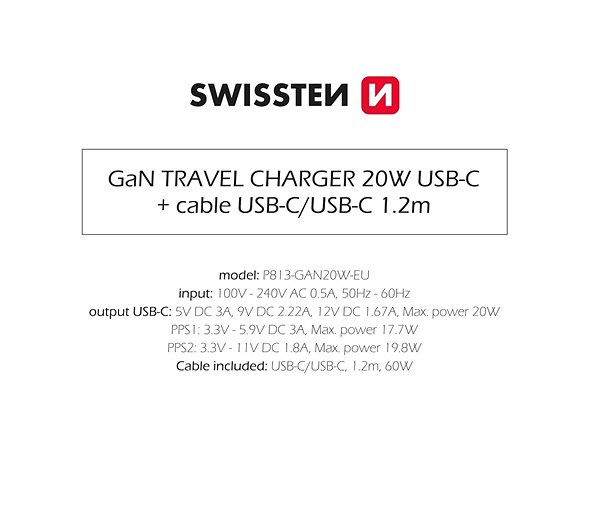 Wall Charger Swissten Power Adapter GaN 1x USB-C 20W Power Delivery + USB-C/USB-C Data Cable 1.2m Black ...